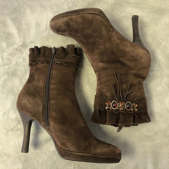 Belle Brown Suede Heeled Mid Calf Side Zip Boot Size 7 - Picture 9 of 16